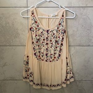 Vici Peplum Embroidered Tank - Cream with Multicolored Flowers